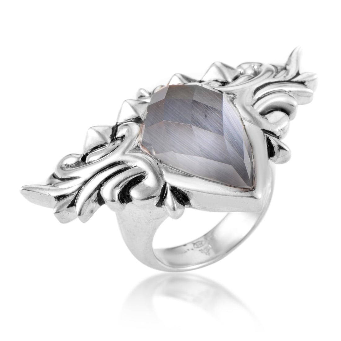 Stephen Webster Superstud Baroque Sterling Silver Cat's Eye & Quartz Ring 3012979002: Stephen Webster Superstud Baroque Sterling Silver Cat's Eye & Quartz Ring 3012979002 The elegance and daring edge of this ring is impressive in its heraldry to Stephen Webster. The pear cut, multiface