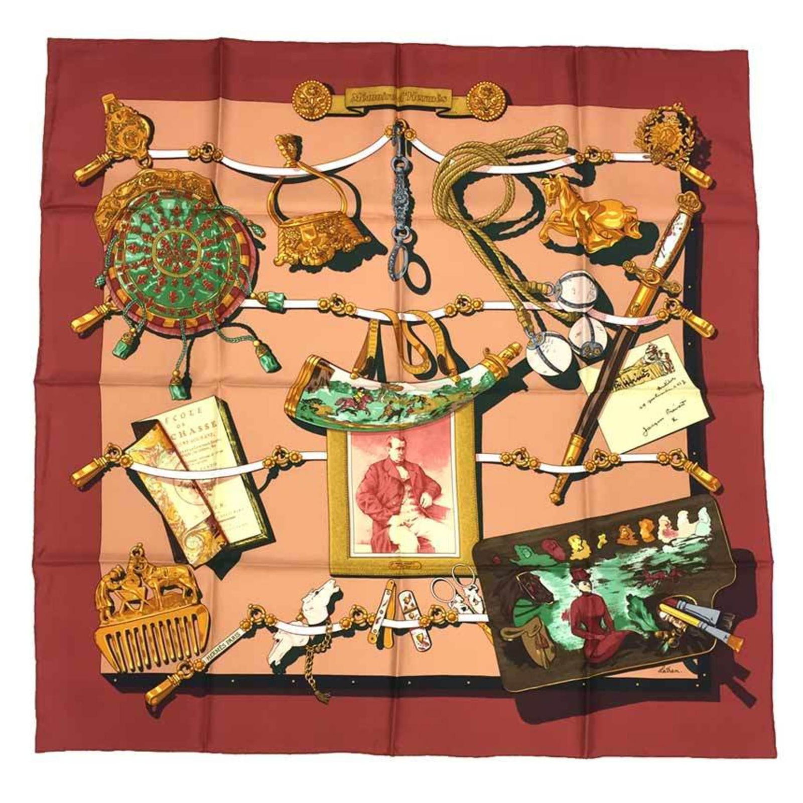 HERMES Carre 90 Scarf Muffler Memoire d' Hermes Memories of 100% Silk: HERMES Carre 90 Scarf Muffler Memoire d' Hermes Memories of 100% Silk Brand: Hermes Country of Origin: France Type: Scarf Gender: Women Color: Dark red Material: Silk100% Silk: 100% Size (LxW): 90cm x