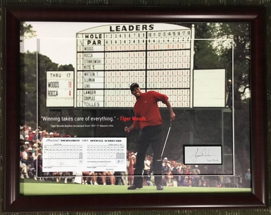 Tiger Woods 97 Masters First Win Laser Engraved Signature Series Custom Framed: Tiger Woods 97 Masters First Win Laser Engraved Signature Series Custom Framed Player: Tiger Woods Sport: Golf-PGA Signed: Yes Original/Reprint: Original Product: Photo Event/Tournament: PGA Golf Pre-
