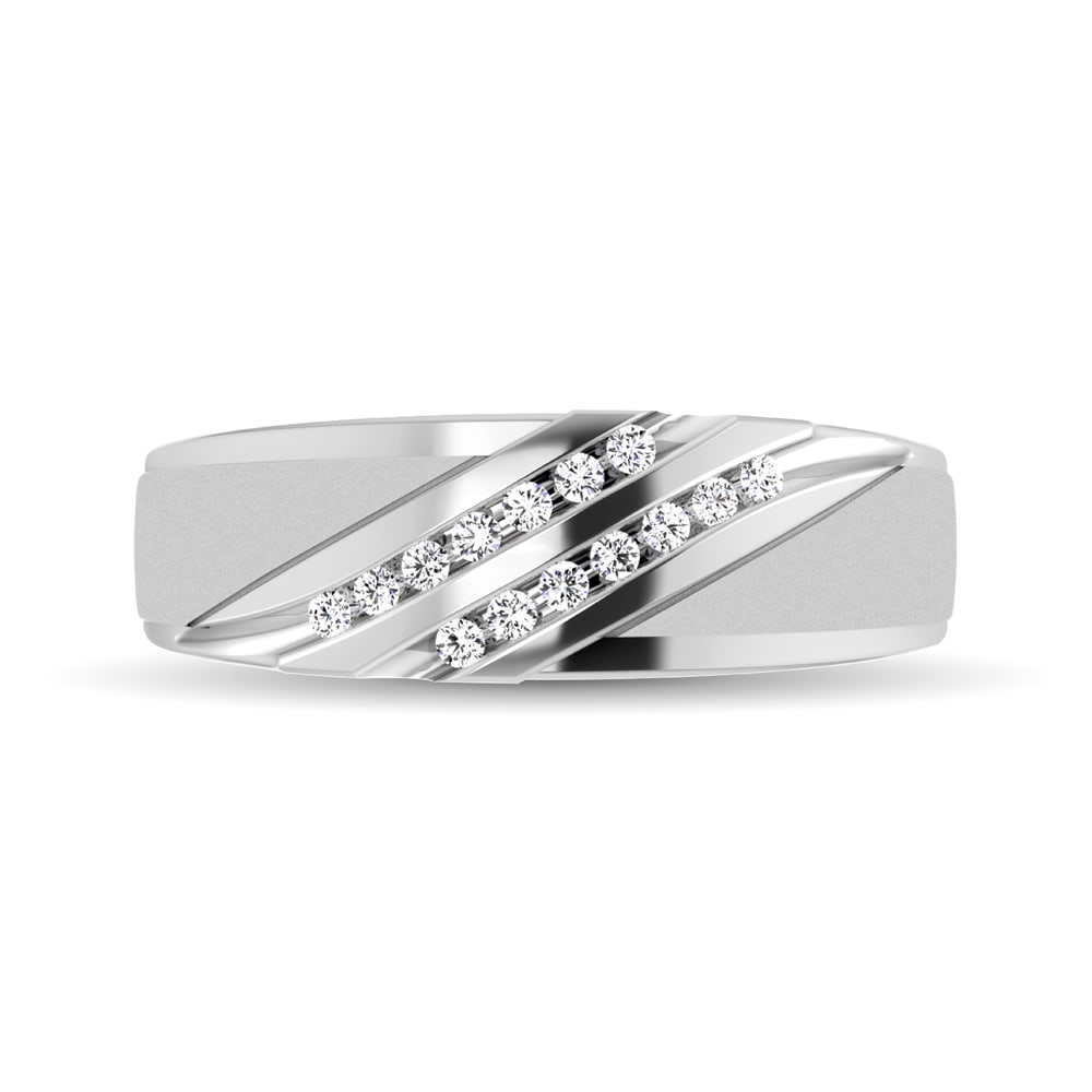 Diamond Accent 1/5 Ctw Men's Slant Wedding Band in 10K White Gold: Diamond Accent 1/5 Ctw Men's Slant Wedding Band in 10K White Gold On your Wedding Ring day, honor your vows and present him with a magnificent satin finish 10K white gold band features two