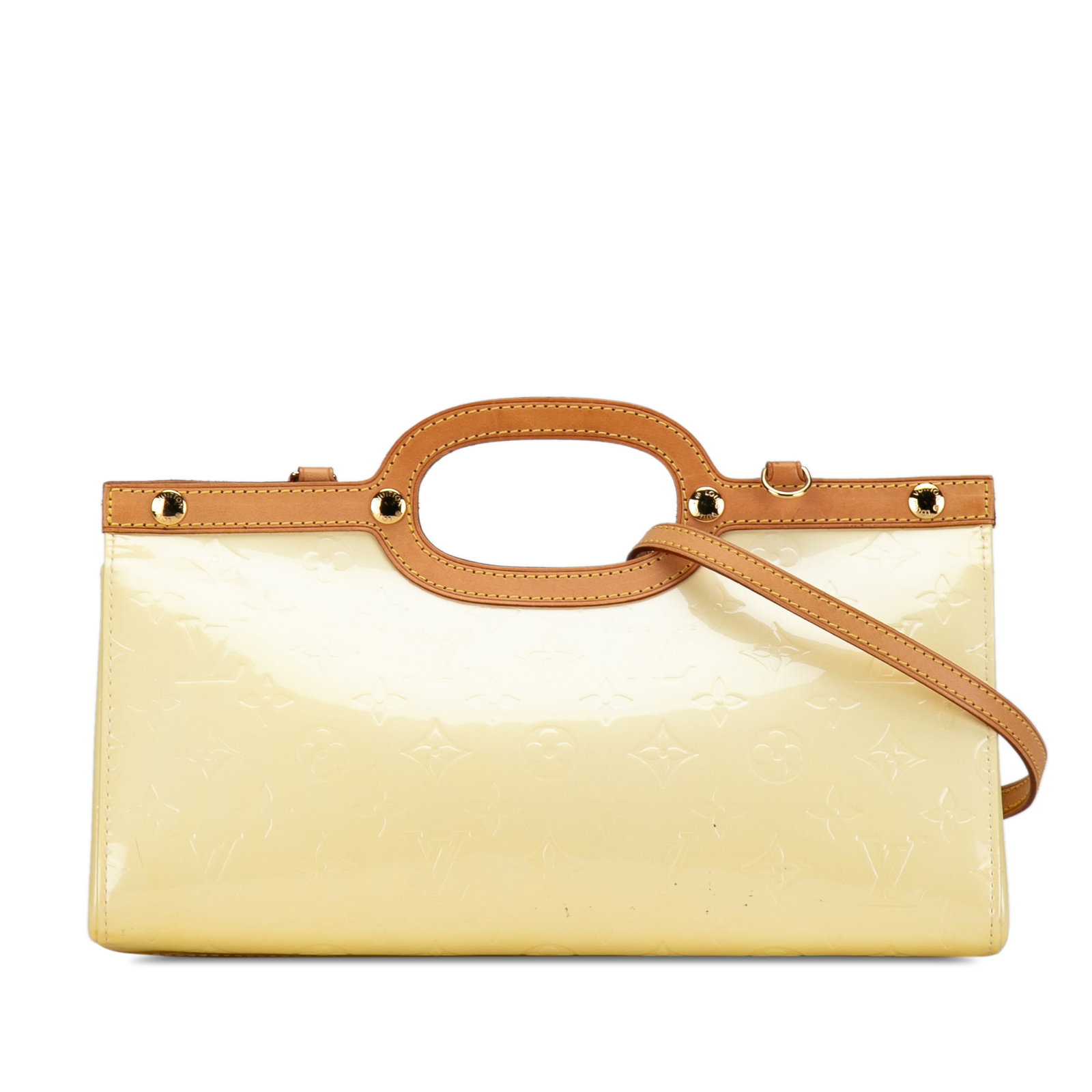 Louis Vuitton Monogram Vernis Roxbury Drive White Leather Satchel: Louis Vuitton Monogram Vernis Roxbury Drive The Roxbury Drive features a vernis leather body cut-out vachetta leather top handles and trim a detachable vachetta leather shoulder strap an open top and 