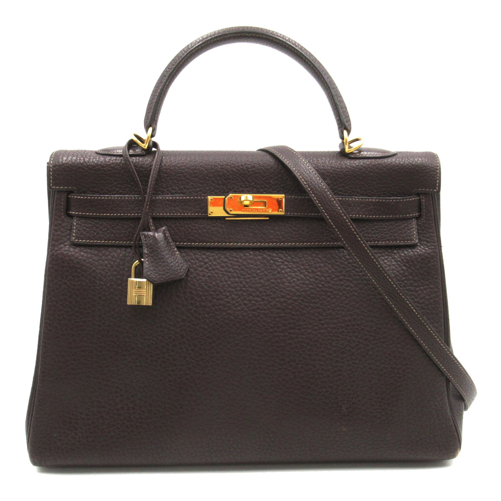 Hermes Kelly 35 Brown Chocolat Fjord Leather Handbag: HERMES Kelly 35 Brown Chocolat Fjord leather Calfskin (cowhide) Brand: Hermes Country of Origin: France Type: Handbag Material: Leather Color: Brown Gender: Women Size: H:25cm x W:35cm x D:14cm(H:9.8