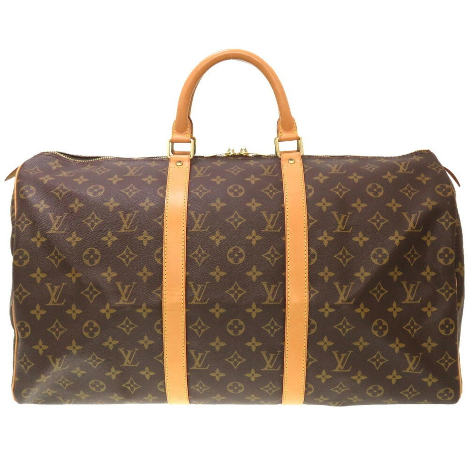 Louis Vuitton Monogram Keepall 50 Brown Boston Bag with Gold Hardware: Louis Vuitton Monogram Keepall 50 M41426 Boston Bag Brand: Louis Vuitton Line: Monogram Model: M41426 Country of Origin: France Type: Boston bag Material: Monogram Monogram: Color: Brown Hardware Colo