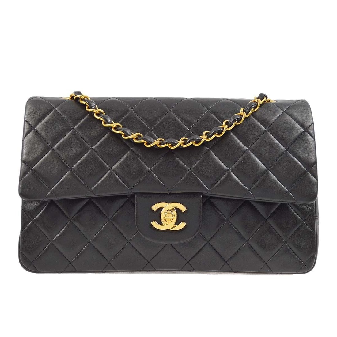 Chanel Black Lambskin Classic Flap Shoulder Bag 10x6 Inches: Chanel Black Lambskin Medium Classic Double Flap Shoulder Bag Bag Width: 10 in Closure: Turn Lock Bag Height: 6 in Size: Medium Handle Style: Shoulder Strap Bag Depth: 3 in Exterior Material: Lambskin