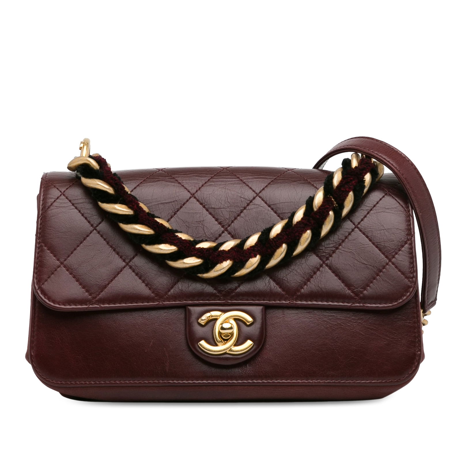 Chanel Paris Cosmopolite Quilted Calfskin Flap Satchel Red: Chanel Paris Cosmopolite Small Aged Calfskin Straight Lined Flap This satchel features a quilted aged calf leather a leather woven in rope chunky chain-link handle a chain-link shoulder strap with a l