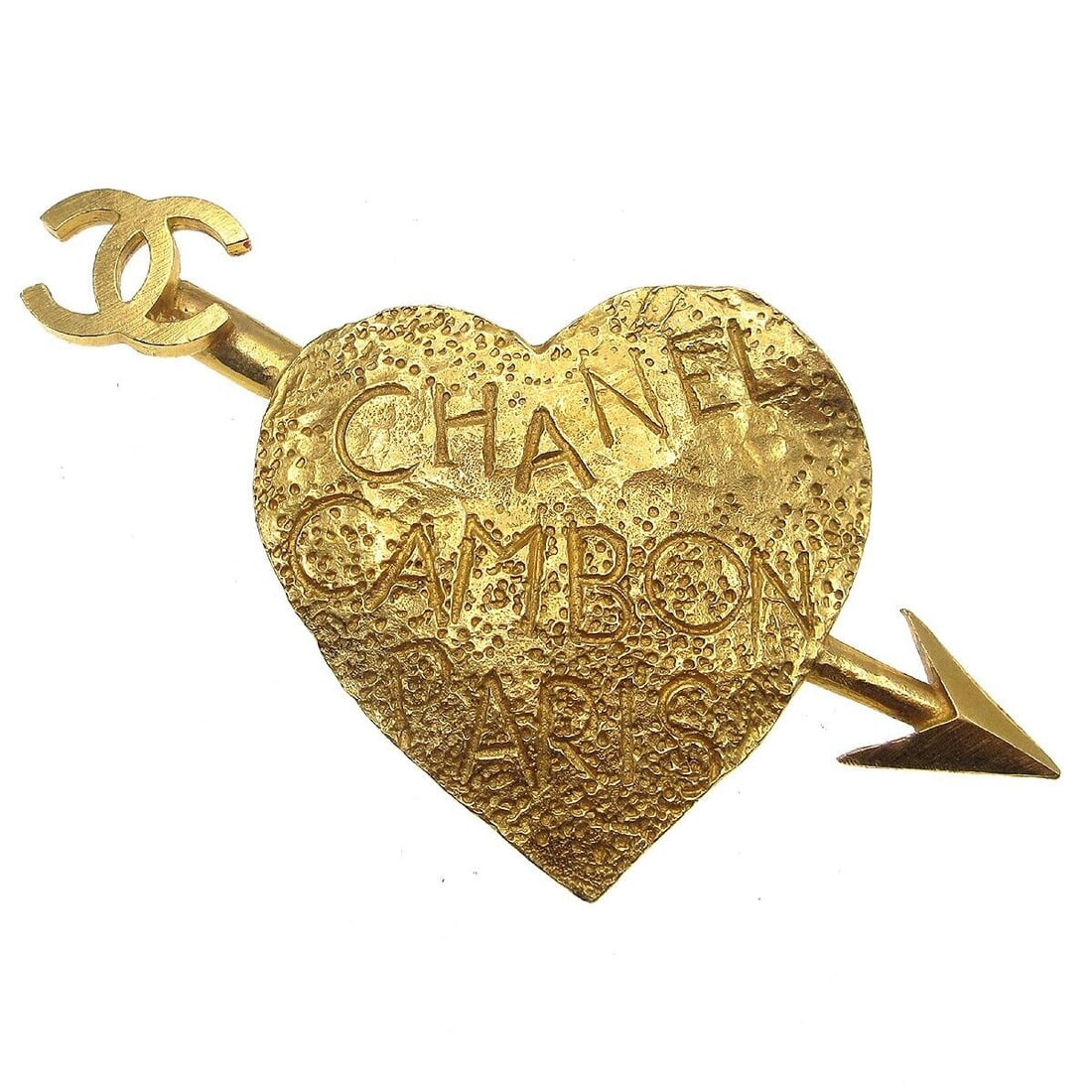 Chanel Gold Bow and Arrow Heart Brooch Pin 4 inches: Chanel Bow And Arrow Heart Brooch Pin Gold 93P Type: Brooch Color: Gold Material: Gold-plated Item Length: 4 in Outside Condition: B: Reasonable Wear and Tear/Inside Condition: C: Heavily Used The BID