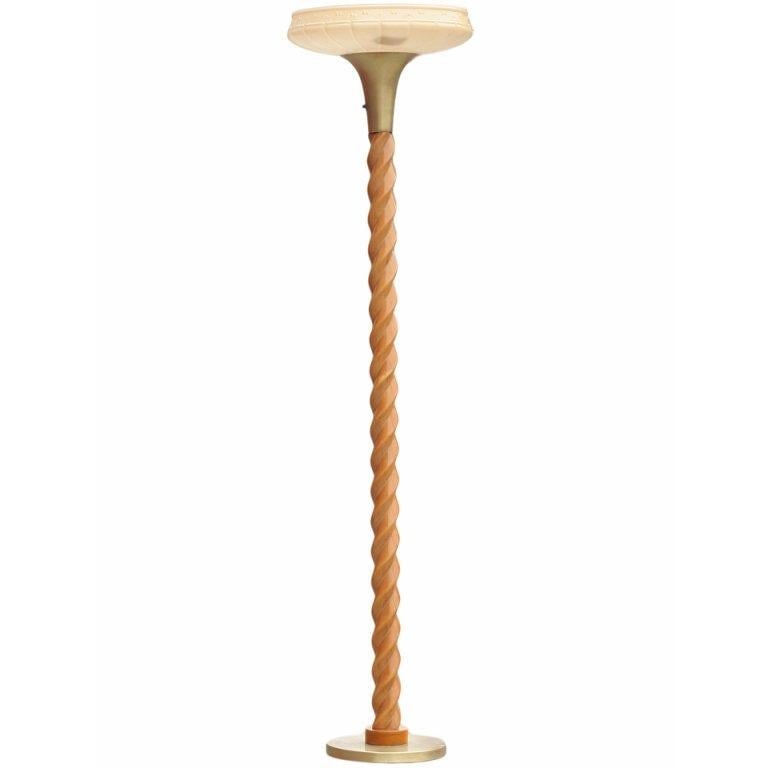 Mid-Century Carved Oak Floor Lamp by Russel Wright: This stunning Mid-Century Modern floor lamp, attributed to the renowned designer Russel Wright, is a masterpiece of 1940s design. Crafted with carved oak, brass, and glass, this lamp stands 65.5 inche