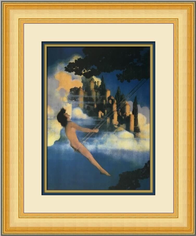 Maxfield Parrish The Dinkey Bird Custom Framed Lithograph: This offset lithograph of Maxfield Parrish's "The Dinkey Bird" is a stunning piece of fantasy realism art. Professionally custom framed, the print features a 2-inch gold panel with a black edge frame