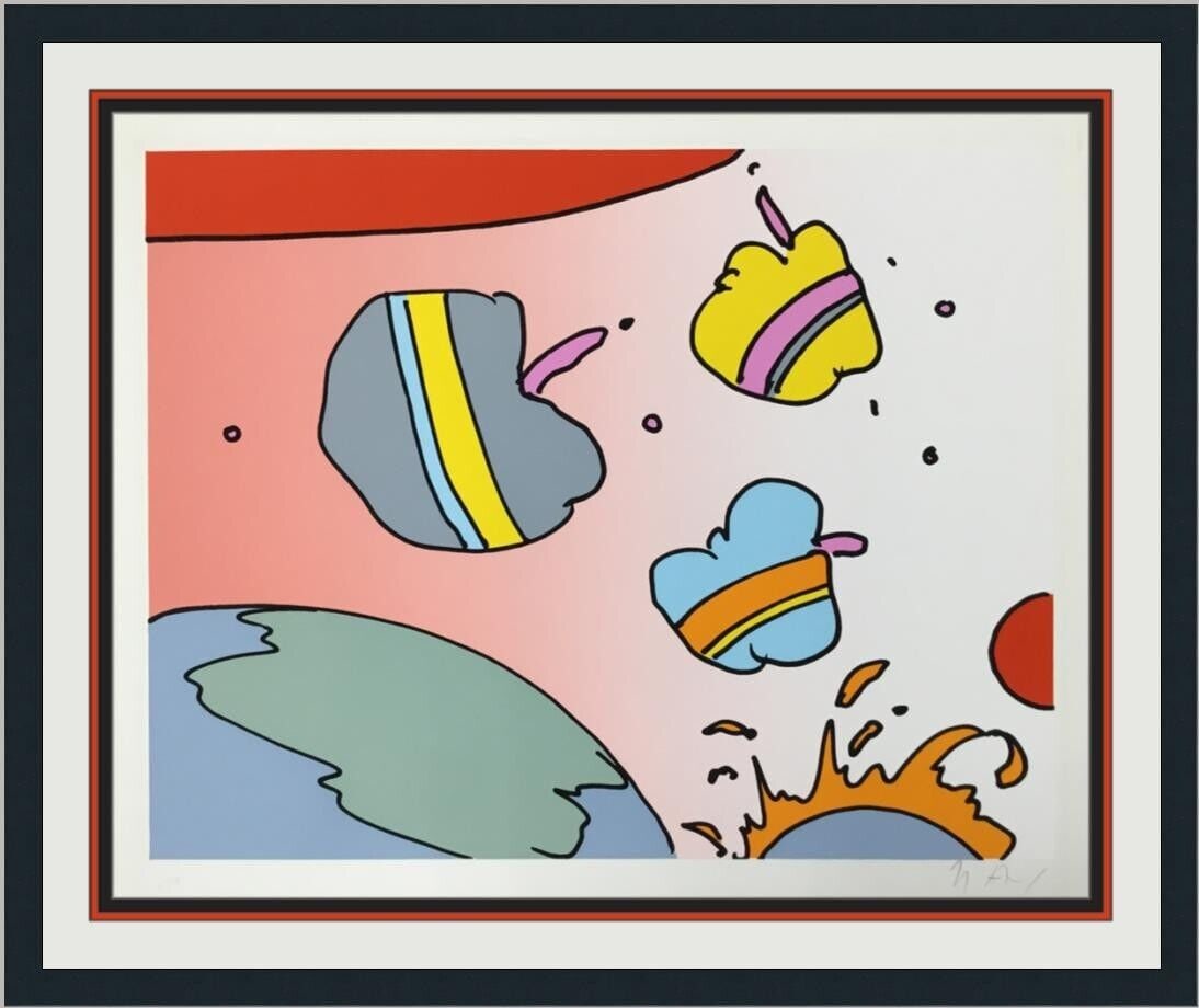 Peter Max Space Rainbow Signed Framed Serigraph: This captivating Peter Max serigraph, titled "Space Rainbow," is a limited edition print from 1978, embodying the vibrant pop art style. The piece is signed by the artist and features a dynamic multi-