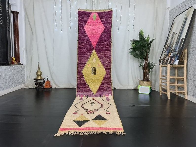 Handmade Moroccan Berber Runner Rug 2 x 10 ft: Authentic and stylish, this handmade Moroccan Berber runner rug is expertly crafted by local Berber women in the Middle Atlas Mountains. Made from 100% local sheep wool, this runner rug features tradi