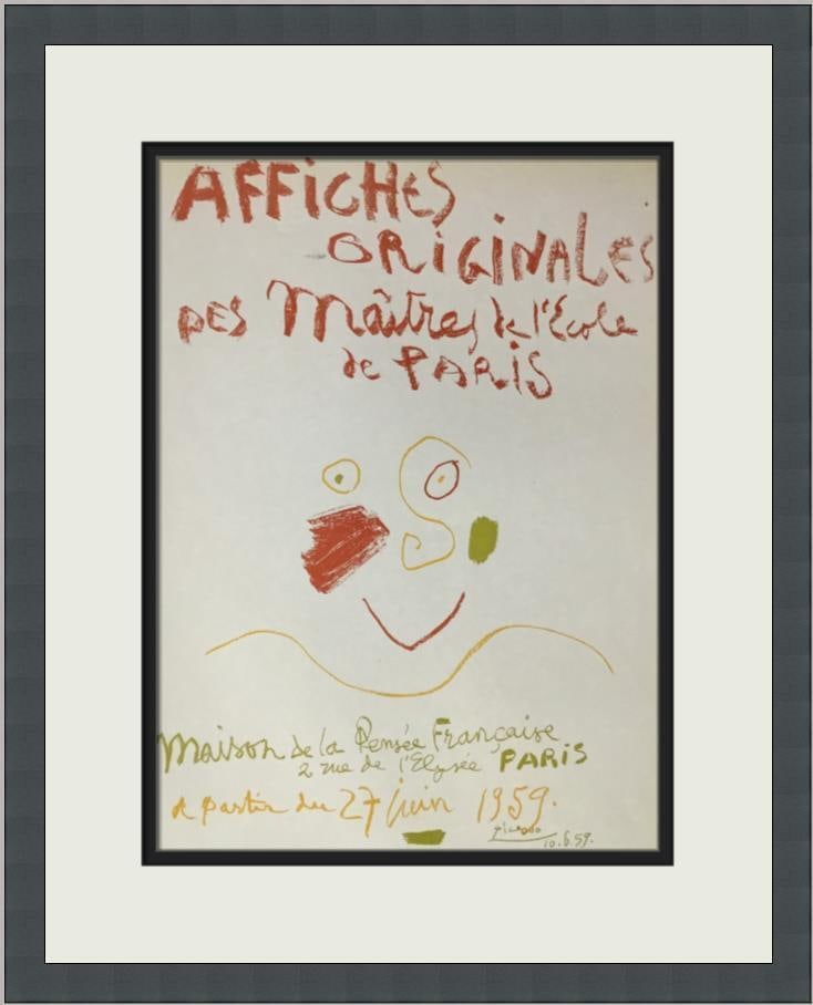 Pablo Picasso Offset Lithograph Framed Print: This Pablo Picasso offset lithograph, titled "Original Posters by Masters of The Paris School," features abstract cubism and figurative art. Produced in 1991, this medium-sized print is expertly matte