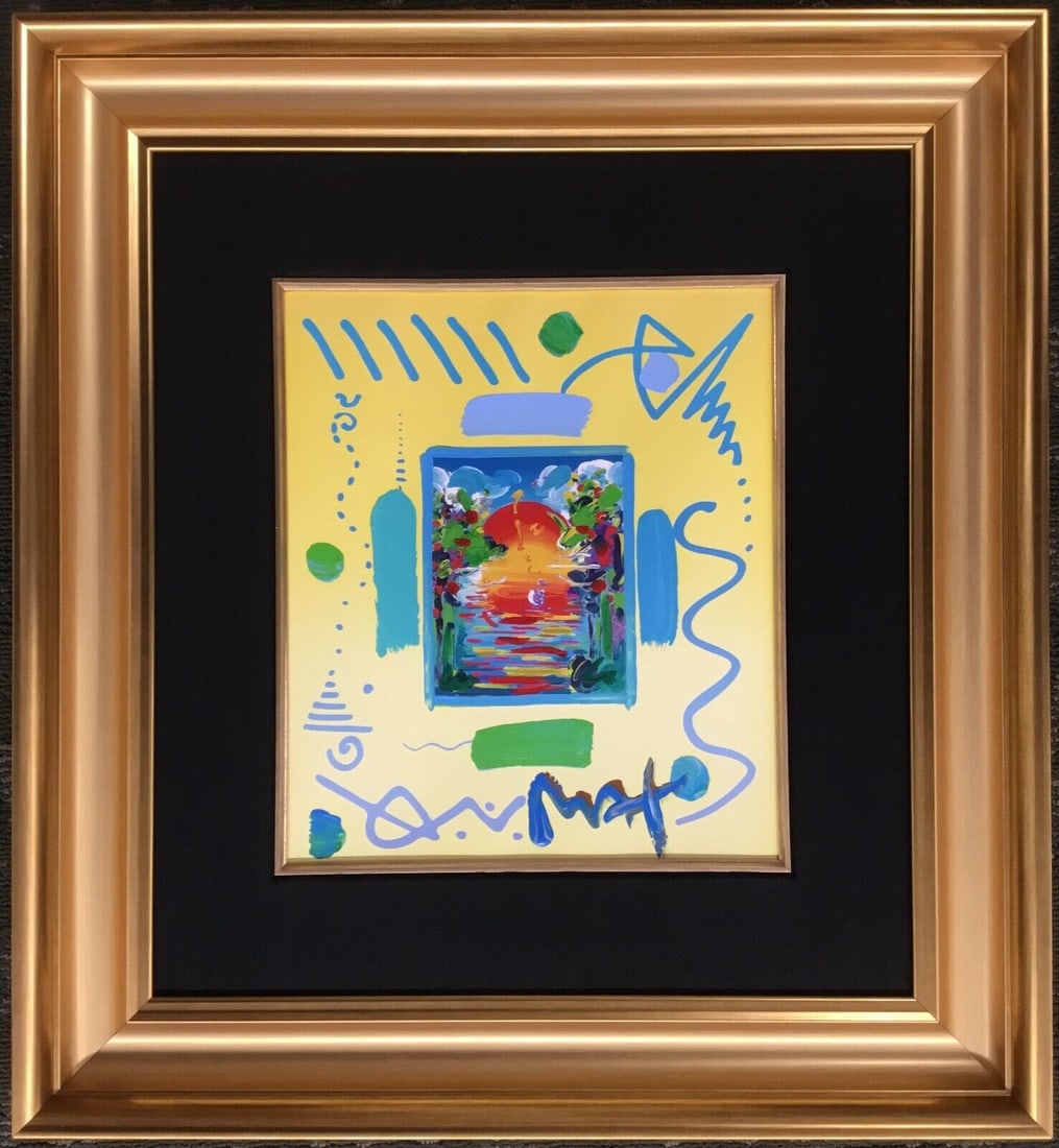 Peter Max Signed 1999 Better World Mixed Media Collage 24x26 in: Discover a unique piece of pop art by renowned artist Peter Max. This original mixed media collage, titled 'Better World,' is a one-of-a-kind creation from 1999. It features vibrant multi-color compos