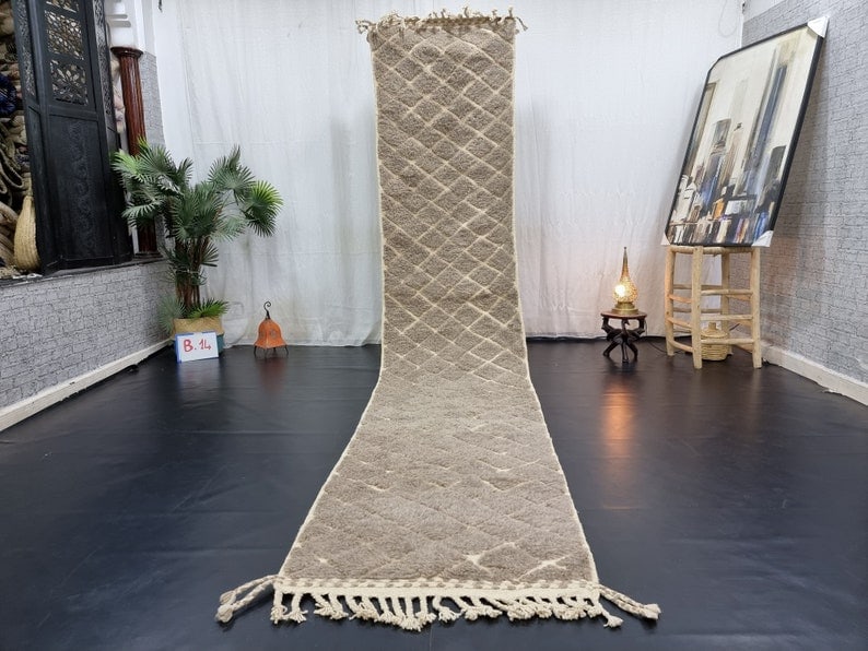 Handmade Moroccan Berber Runner Rug 2 x 19.68 Feet: This authentic Moroccan Berber runner rug is beautifully handmade with a soft, engraved geometric pattern. Crafted by local Berber women in the Middle Atlas Mountains using traditional tools and 100%