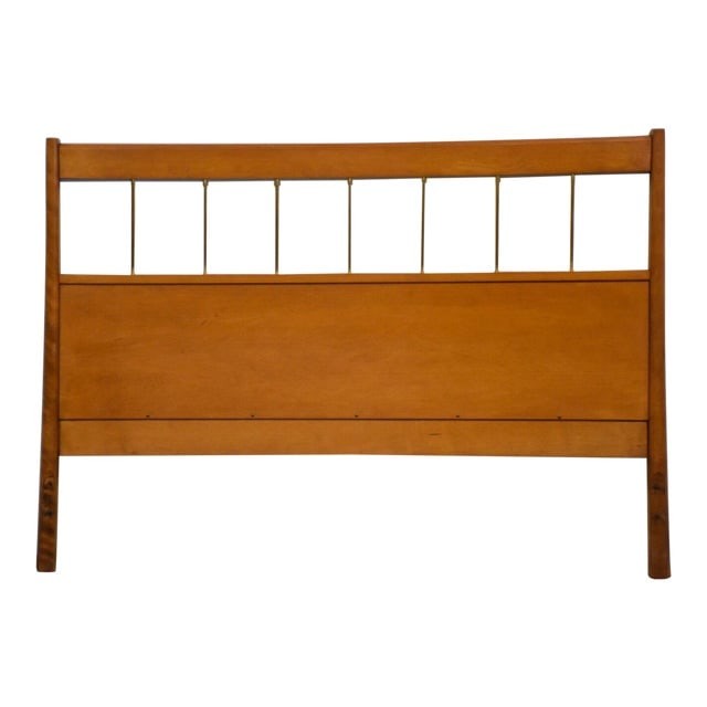 Paul McCobb Mid Century Maple Brass Headboard: This mid-century modern full-sized headboard, designed by Paul McCobb for Winchendon's Planner Group, features elegant maple with tubular brass accents. Its dimensions are 53 inches wide and 38 inches