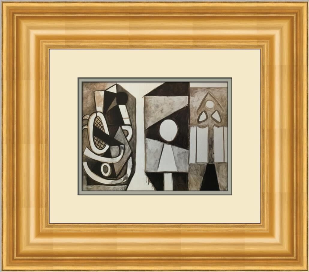 Pablo Picasso Surrealism Custom Framed Print: This exquisite custom framed print features Pablo Picasso's 'Rocking Chair at La Californe'. The artwork is an offset lithograph showcasing surrealism with vibrant multi-color figures. Enclosed in a 3