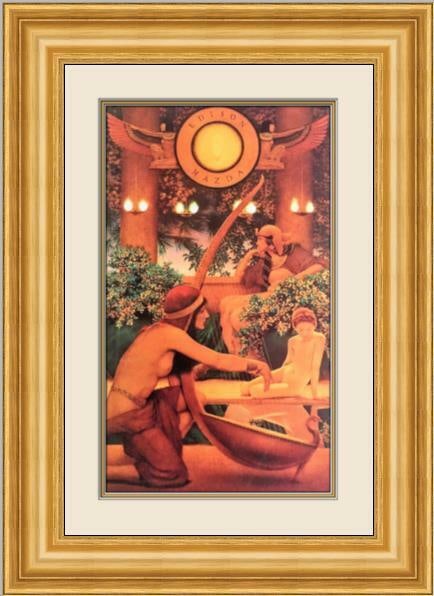 Maxfield Parrish Egypt Framed Lithograph 18x24: This custom framed print of Maxfield Parrish's "Egypt" is a stunning piece of impressionist art. The offset lithograph, depicting nude figures, is set in a 3 inches gold leaf frame and double matted w