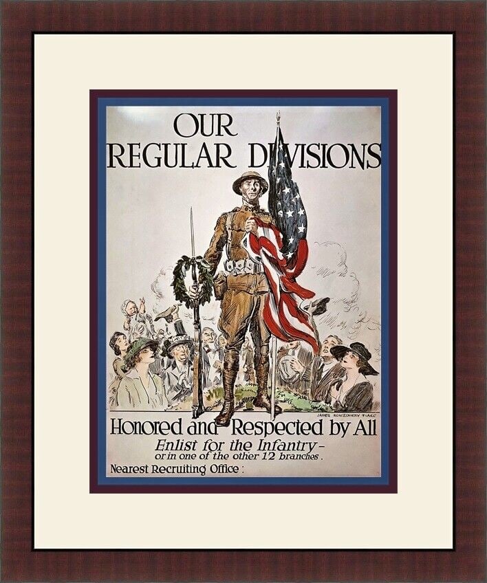 James Montgomery Flagg Americana Realism Print 17x20 inches: This stunning licensed reprint by James Montgomery Flagg, titled "Our Regular Divisions," is a beautifully crafted piece of Americana Realism. The print features figures and is produced using lithogra