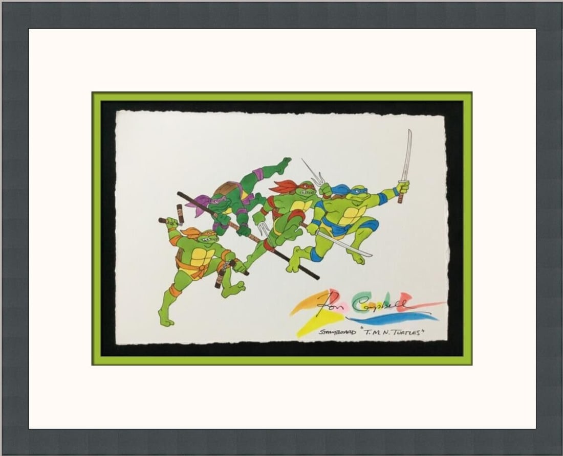 Framed Teenage Mutant Ninja Turtles Giclee by Ron Campbell: This limited edition Teenage Mutant Ninja Turtles giclee print, signed by renowned illustrator Ron Campbell, captures the iconic characters from Nickelodeon's beloved franchise. Measuring 16 inches by