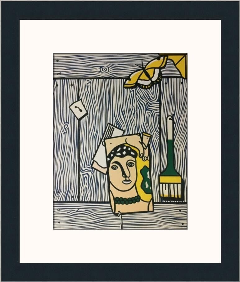 Roy Lichtenstein Framed Cubism Pop Art Print: This framed print by Roy Lichtenstein, titled "Leger Head and Paintbrush," is an exquisite example of Cubism Pop Art. Produced in 1981, this piece is an offset lithograph on paper, enclosed in custom
