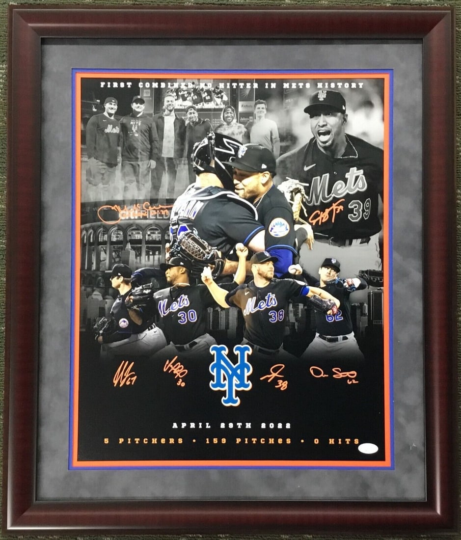 NY Mets 5 Pitcher No Hitter Multi-Signed Framed Photo: Celebrate the remarkable achievement of the New York Mets with this multi-signed photo capturing the combined no-hitter accomplished by pitchers Diaz, Lugo, Smith, McCann, Rodriguez, and McGill. This