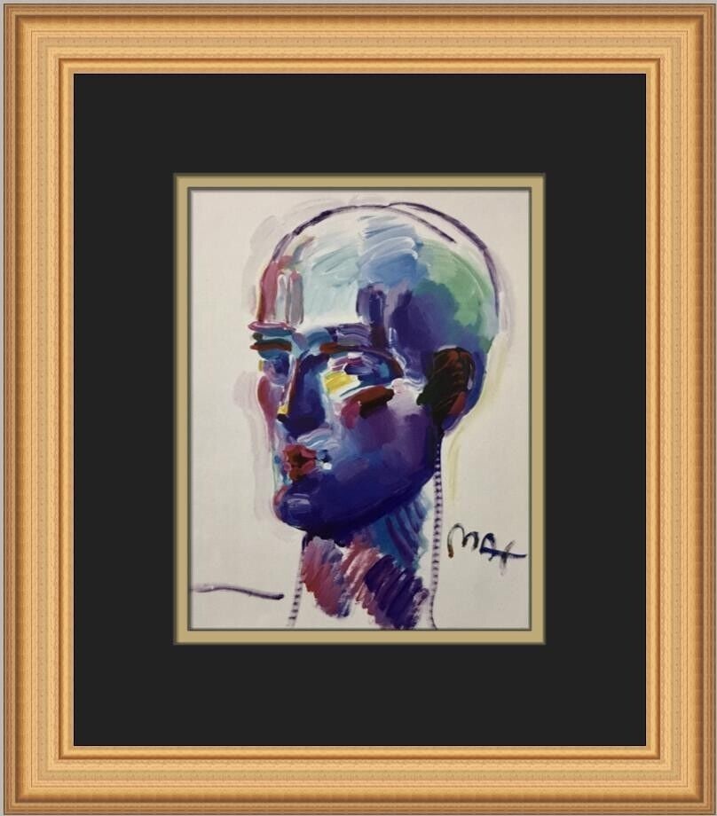 Peter Max Fauve Head in Blue Framed Pop Art Print: This exquisite Peter Max "Fauve Head in Blue" print is a stunning example of contemporary Pop Art. Produced in 2005, this open edition offset lithograph is custom framed in a gold frame, double matted