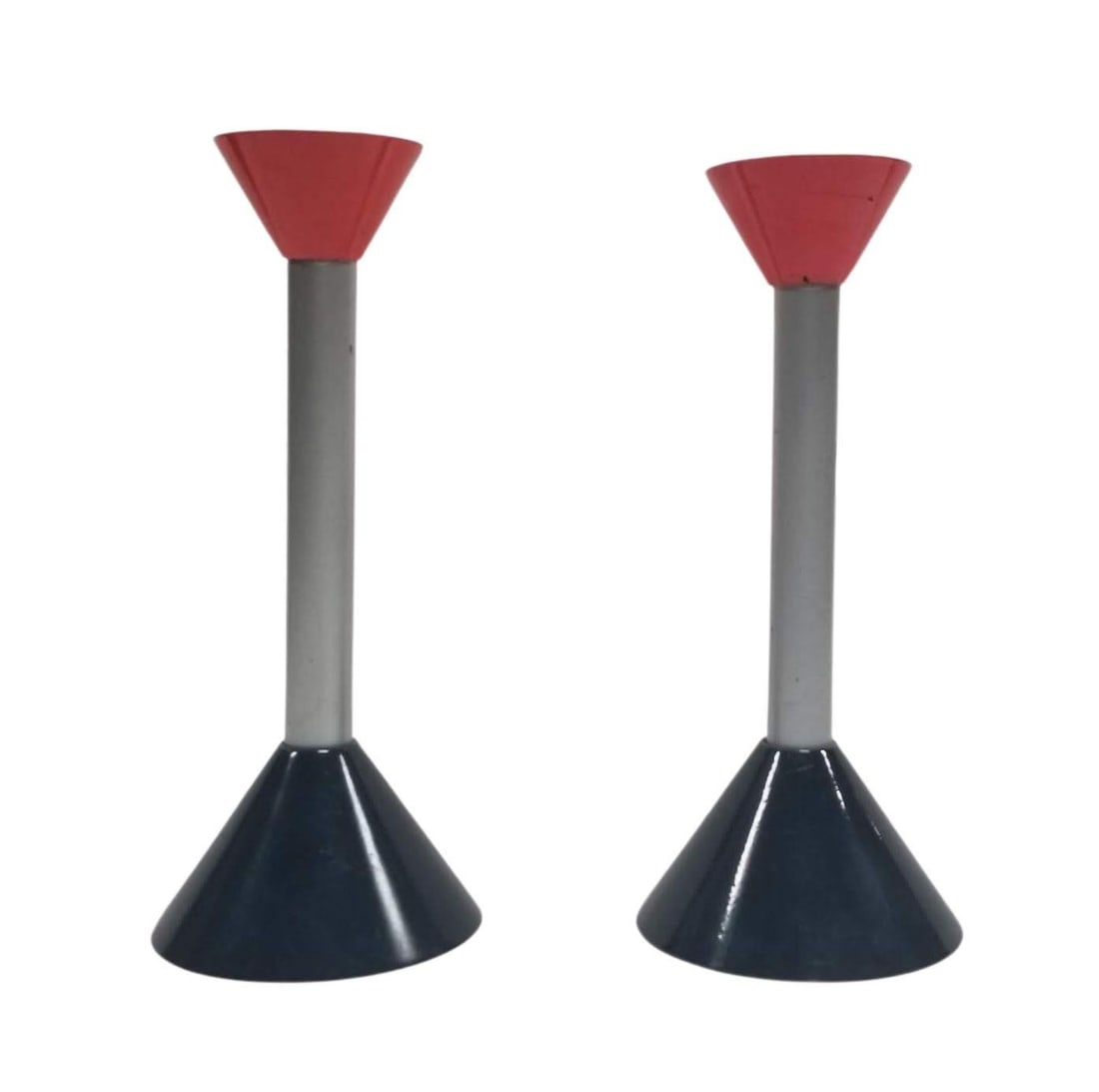 Mid Century Metal Candlestick Holder Set: This pair of vintage Mid-Century Modern candlestick holders, crafted from metal, exemplifies the postmodern Memphis style of the 1980s. Standing at 10.5 inches tall, these pre-owned holders are perfec