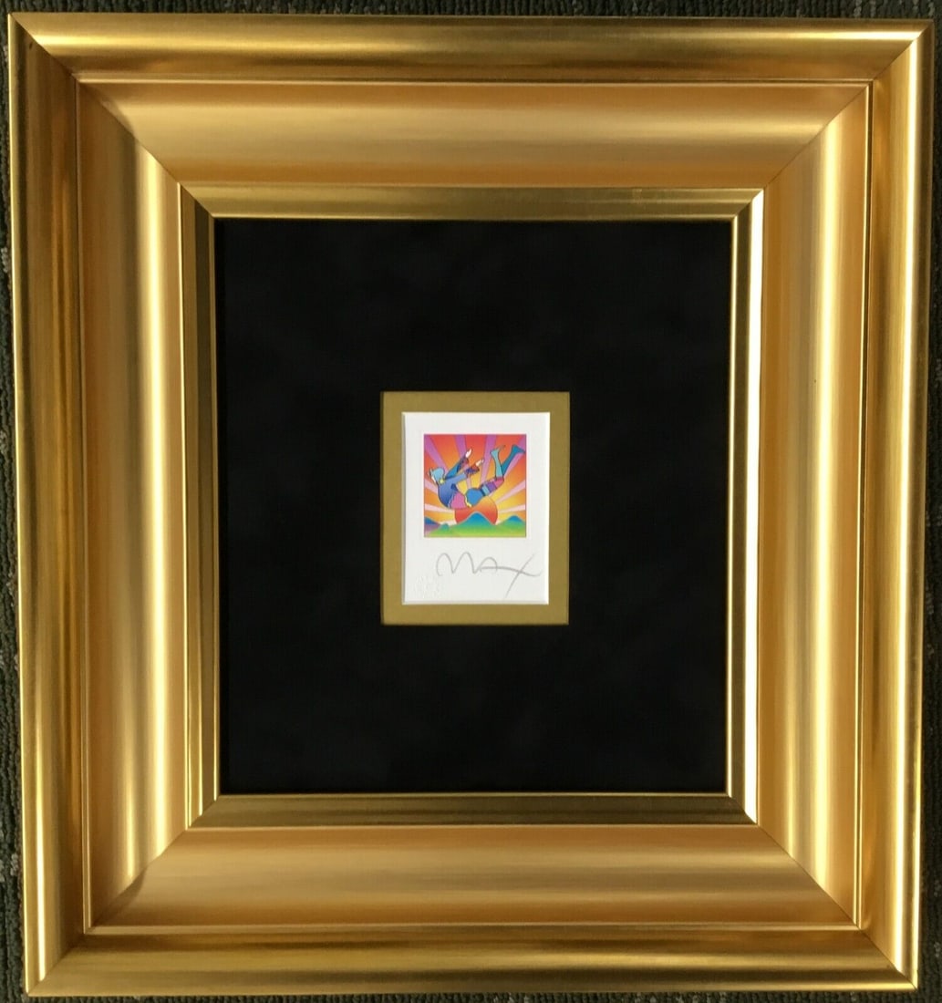 Peter Max Signed Cosmic Flyer Lithograph 2003 Framed: This stunning lithograph by renowned artist Peter Max, titled "Cosmic Flyer with Sun," is a vibrant representation of Pop Art. Created in 2003, this original print is signed by the artist, showcasing