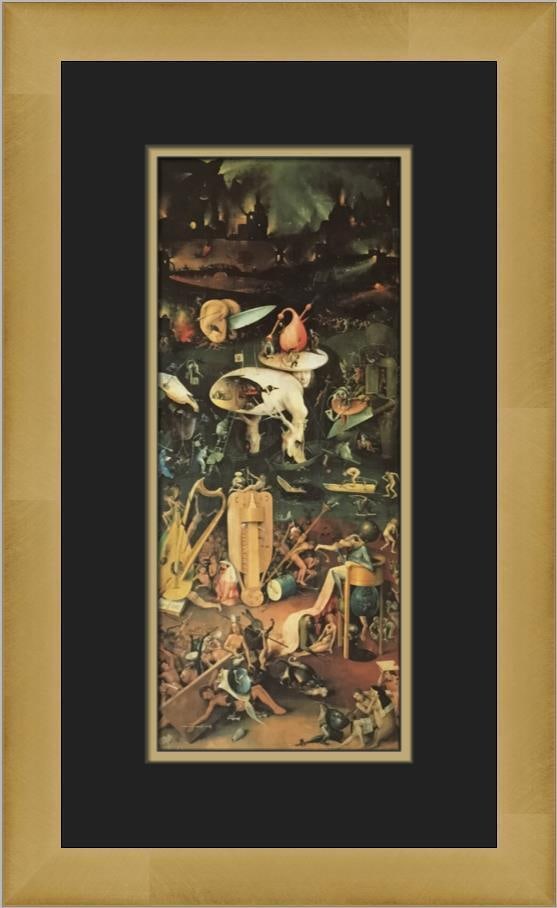 Hieronymus Bosch Garden Framed Print 17 x 11 Inches: Experience the intricate artistry of Hieronymus Bosch with this custom-framed print titled "Garden." This medium-sized offset lithograph captures the realism style and features figures in a portrait o