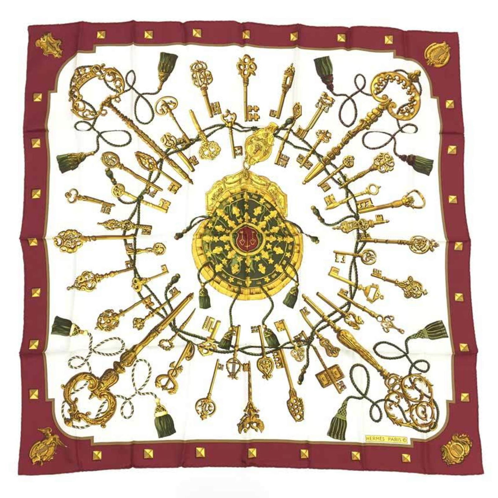 Hermes LES CLES Silk Scarf 90cm Bordeaux White Key Pattern: HERMES Scarf Muffler Carre 90 LES CLES Key Pattern Silk White x Bordeaux aq7219 Brand: Hermes Type: Scarf Gender: Men Women Color: Bordeaux White Material: Silk Silk: Size (LxW): 90cm x 90cm / 35.43 x