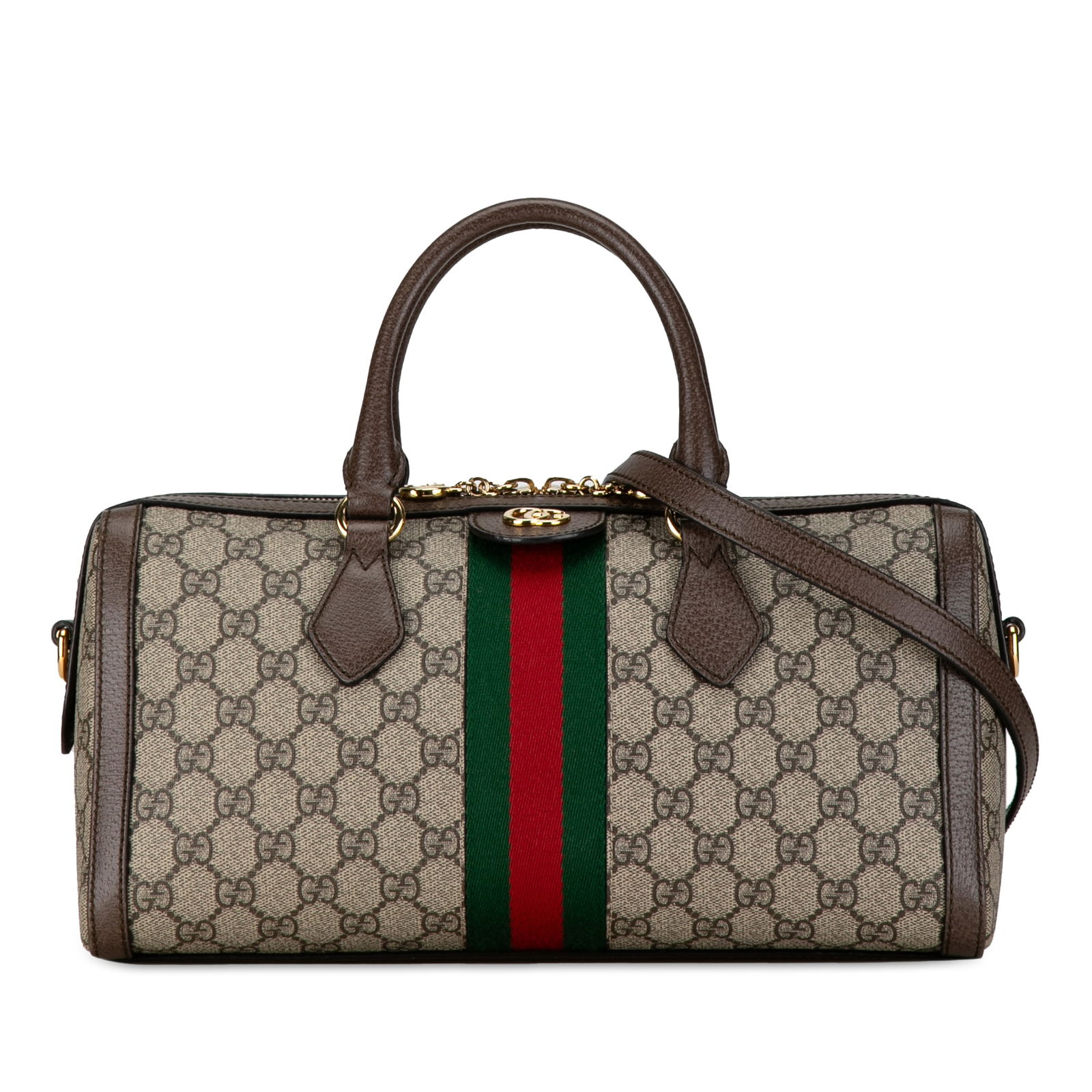 Gucci GG Supreme Ophidia Web Satchel with Leather Trim: Gucci GG Supreme Ophidia Web Satchel This satchel features a coated canvas body with leather trim rolled leather handles a detachable flat leather strap a top zip closure and interior zip and slip poc