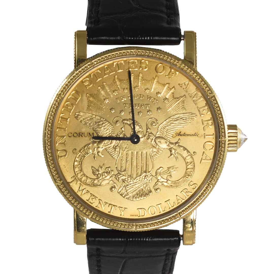 18K Yellow Gold Corum Liberty Coin Watch 36mm: Experience luxury with the Corum $20 Liberty Coin Watch, crafted from 18k yellow gold. This exquisite timepiece features an automatic movement with 28 jewels, a round 36mm case, and a striking gold di