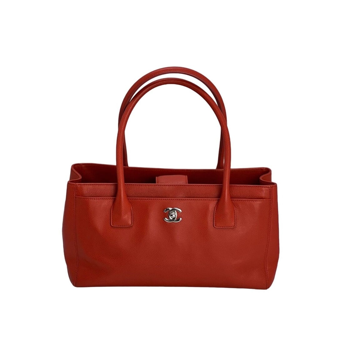 Chanel Calfskin Small Cerf Executive Shopper Tote Bag: Chanel Calfskin Small Cerf Executive Shopper Tote Bag Bag Width: 12 in Shape: Rectangle Closure: Magnetic Handle/Strap Color: Red Size: Small Hardware Color: Silver Bag Depth: 5 in Accents: logo Vinta