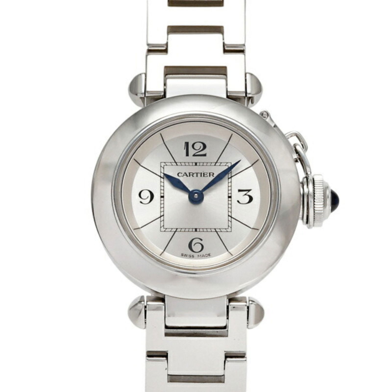 Cartier Miss Pasha W314007 Opal White Dial Watch for Women: Cartier Miss Pasha W314007 Opal White Dial Watch for Women Brand: Cartier Type: Wristwatch Gender: Women Material (Case): Stainless steel Material (Band): Stainless steel Color (Dial): Silver Movement