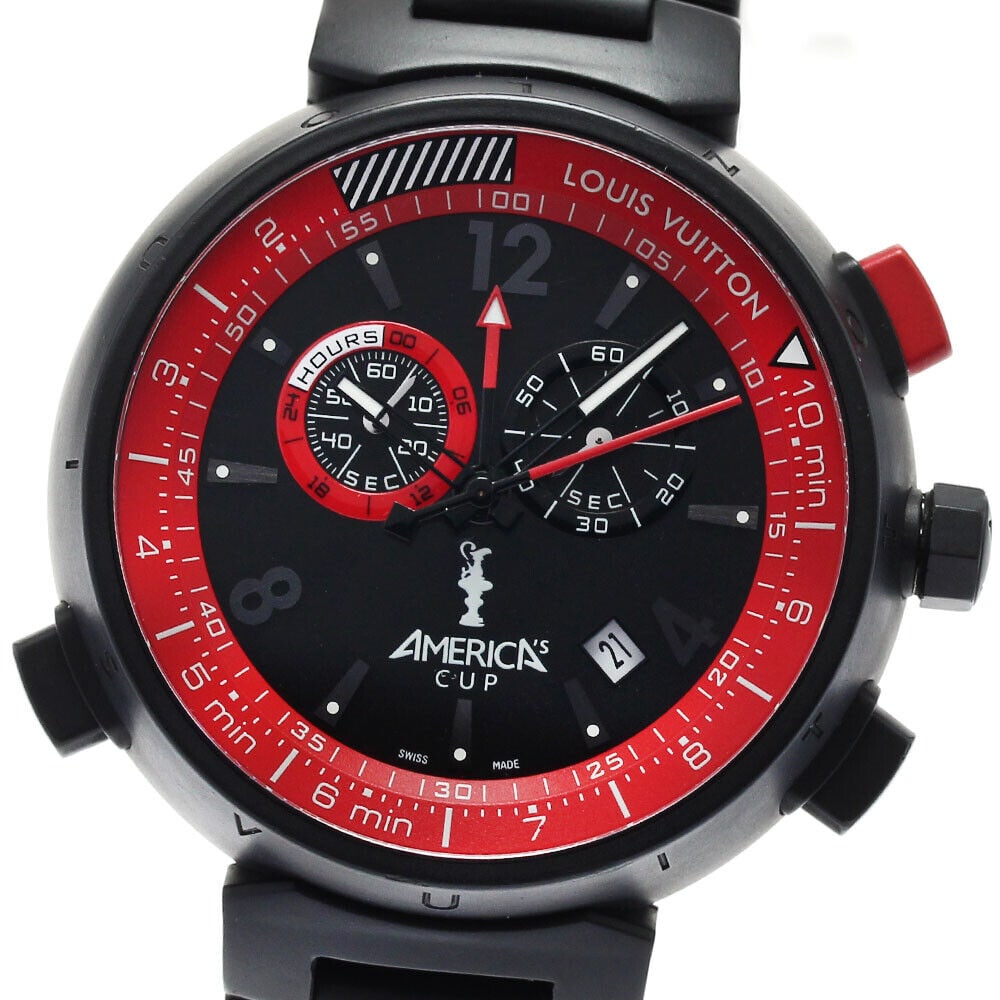 LOUIS VUITTON Q101A Tambour Americas Cup Limited Edition Mens Watch: LOUIS VUITTON Q101A Tambour Americas Cup Limited Edition Mens Watch Type: wristwatch condition rank Body rank AB belt trunk AB Product condition glass in good condition case slight damage Bezel slight