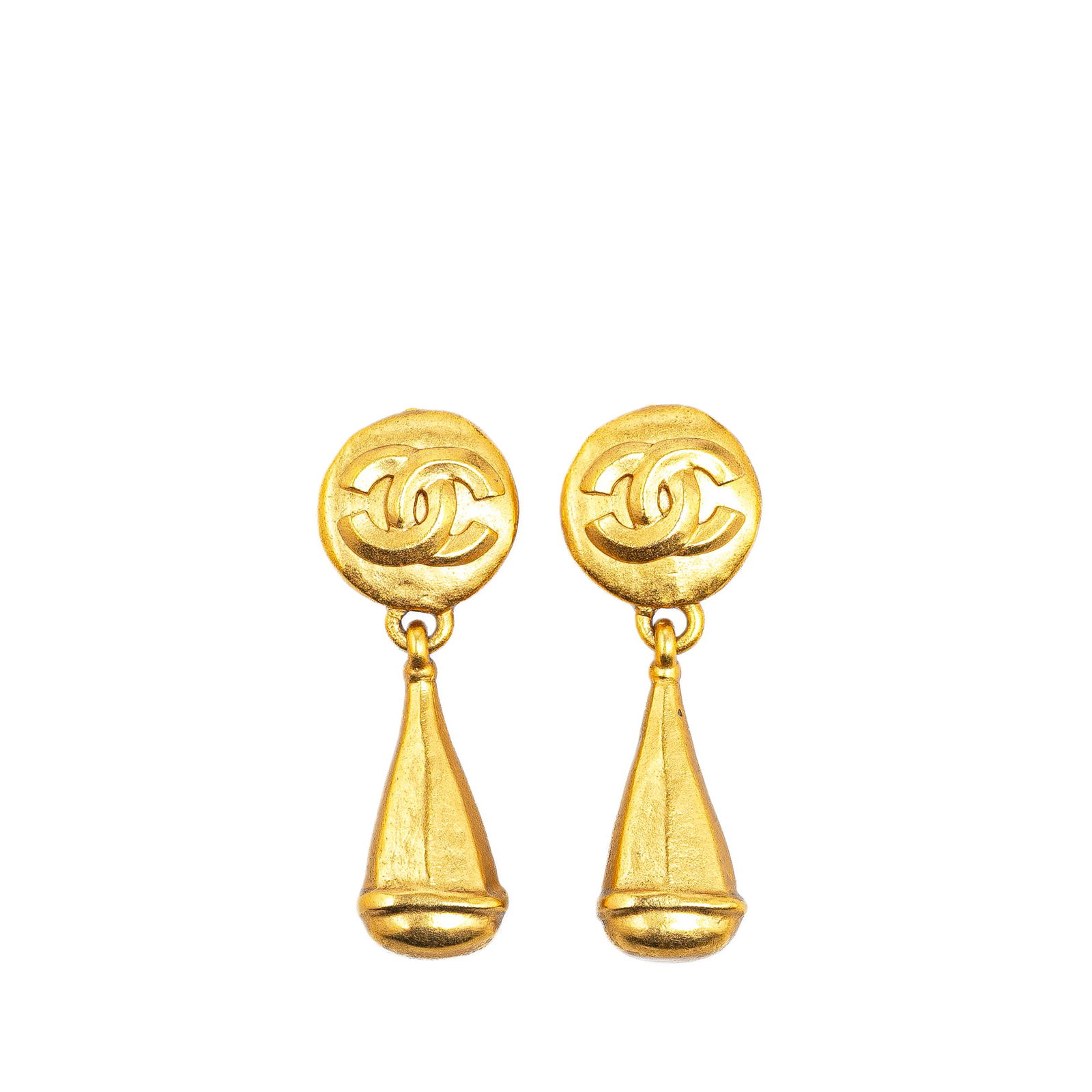 Chanel Gold Plated CC Teardrop Clip On Earrings: Chanel Gold Plated CC Teardrop Clip On Earrings These earrings features gold plated metal body and snap button earrings. Brand: Chanel Model: Gold Plated CC Teardrop Clip On Earrings Origin: France Ca