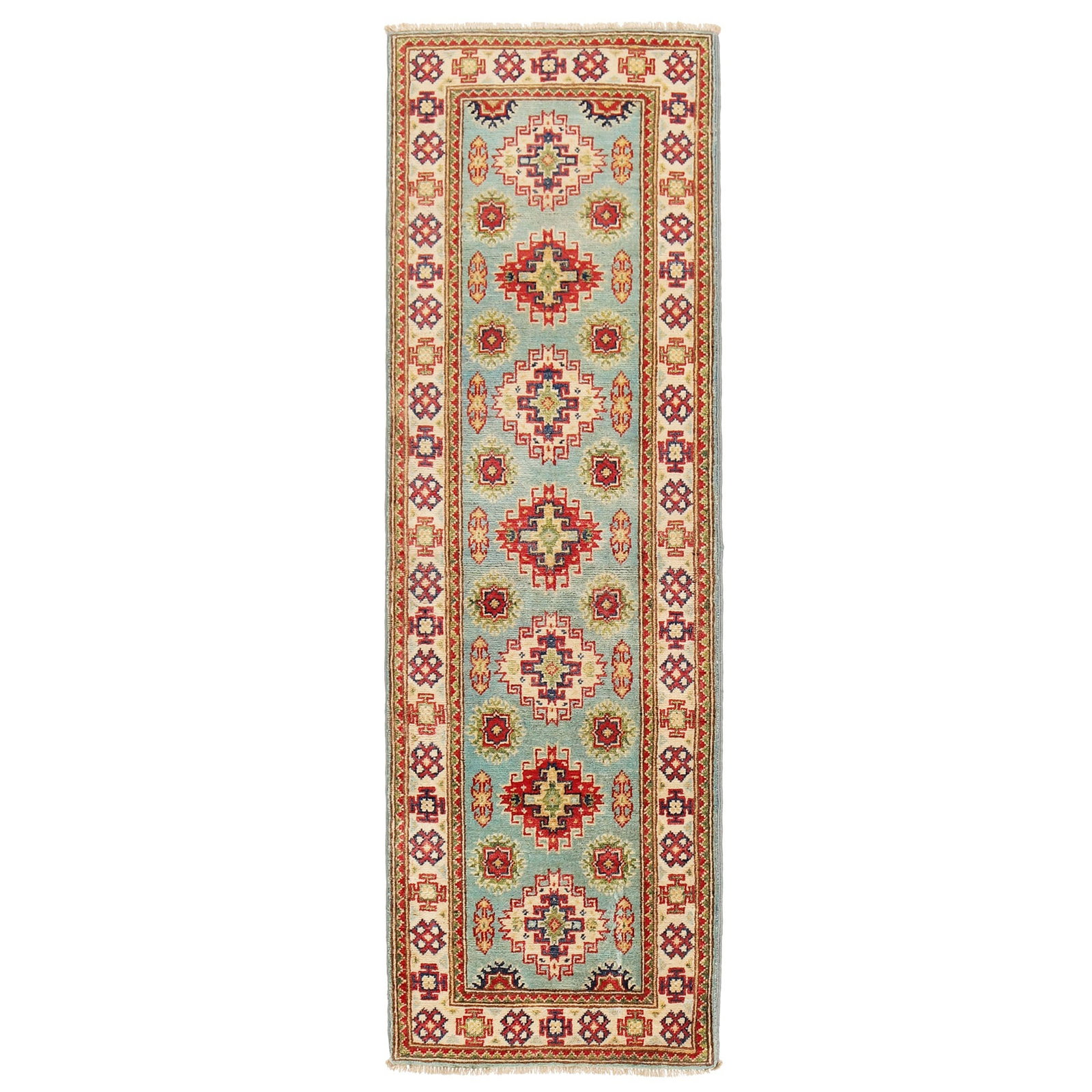 2x6 Handmade Kazak Rug Tea Green Wool: 2x6 Handmade Kazak Rug Tea Green Wool This beautiful handmade Kazak runner rug features a tea green color and is expertly hand-knotted from fine 3/8 wool. Measuring 2 feet in width by 6 feet in length