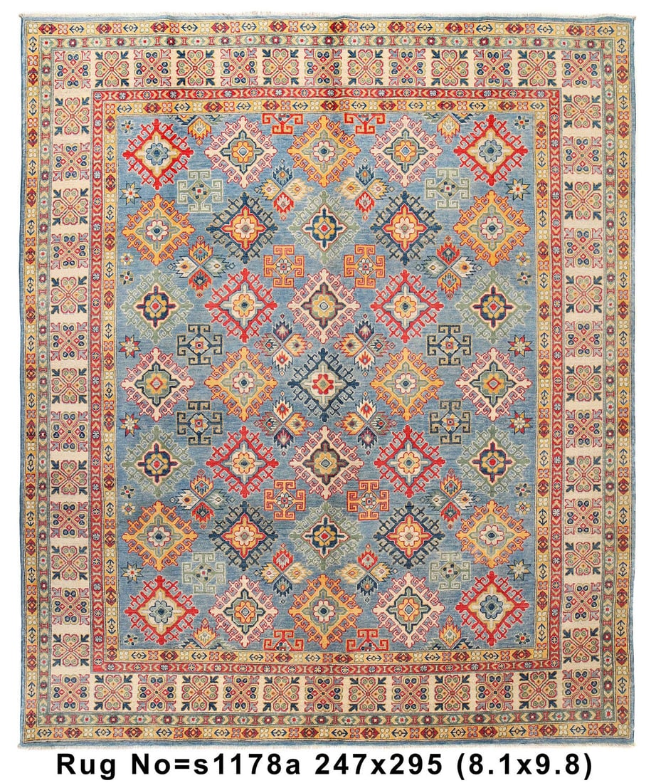 Handmade Kazak Area Rug 8.1ft x 9.8ft Wool Blue Red: Handmade Kazak Area Rug 8.1ft x 9.8ft Wool Blue Red This beautiful handmade Kazak area rug measures 8.1 feet in width and 9.8 feet in length (97 inches x 116 inches). It features a light blue backgrou