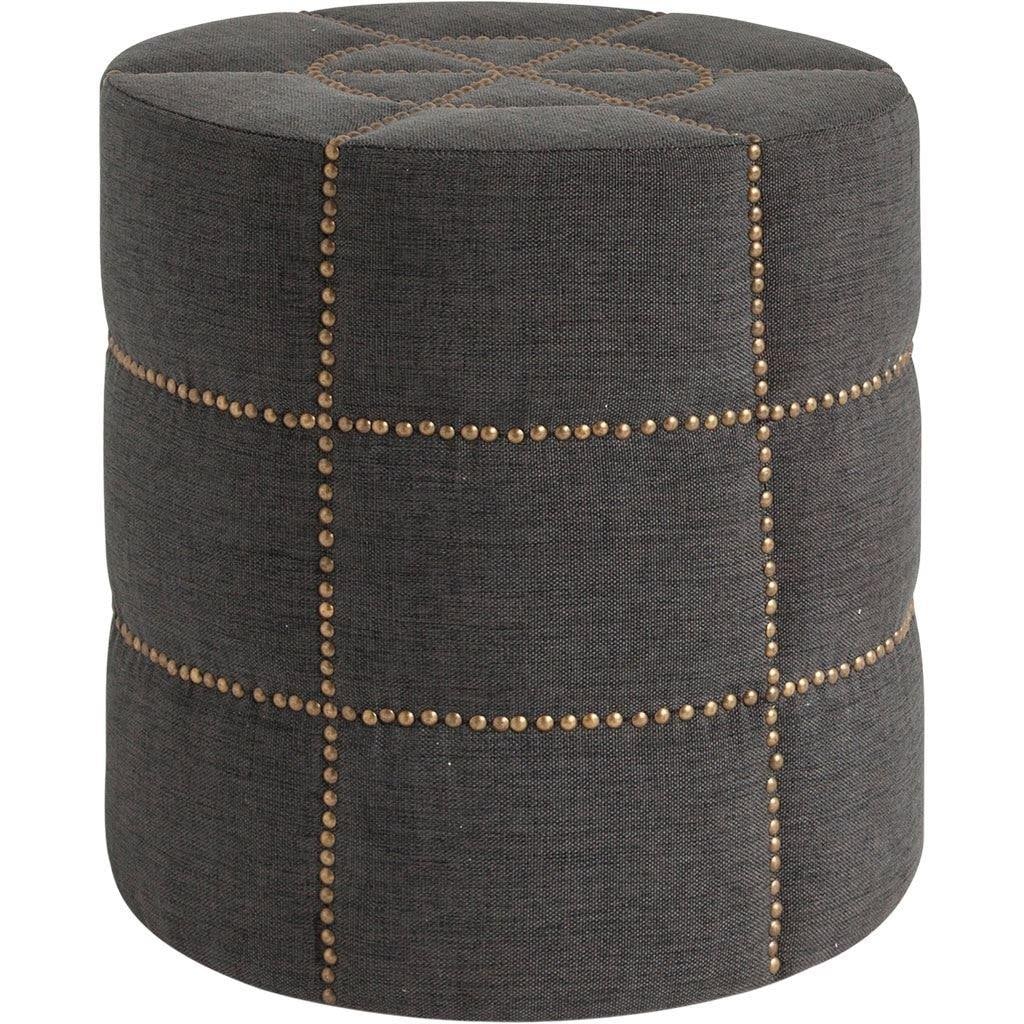Beacon 20.5 Inch Gray Fabric With Metal Tacks Round Ottoman: Beacon 20.5 Inch Gray Fabric With Metal Tacks Round Ottoman The Beacon II is a stunning, round ottoman that is covered in dark-brown, plush fabric with intricate, hand-finished metal tack details. The