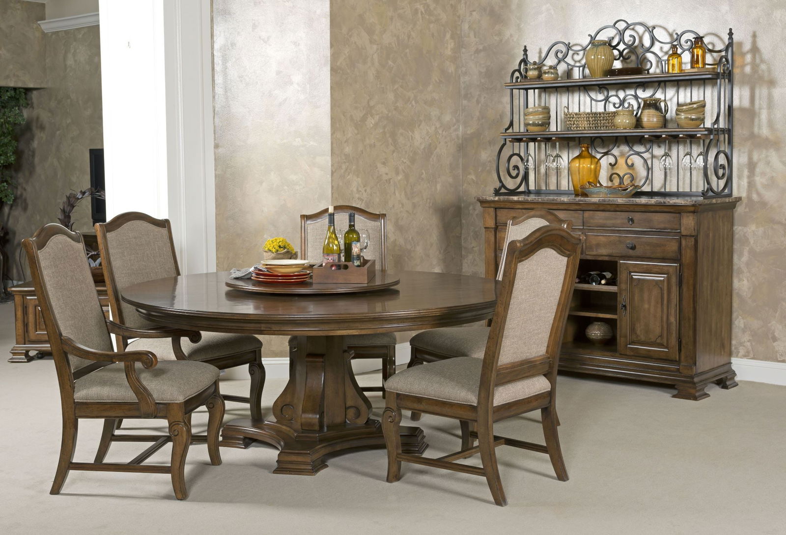 Portolone 60" Round Dining Room Set: Portolone 60" Round Dining Room Set Part of Portolone Collection Crafted form Solid Alder Wood Truffle finish Mortise and tenon joints English dovetails drawer construction Whisper-quiet drawer glide
