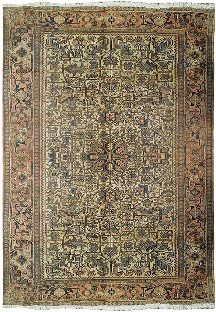 8x10 Beige Hand-Knotted Persian Heriz Area Rug: 8x10 Beige Hand-Knotted Persian Heriz Area Rug This exquisite 8 x 10 beige semi-antique Persian Heriz area rug features an all-over pattern with colors of beige, shrimp brown, and blue. Hand-knotted i