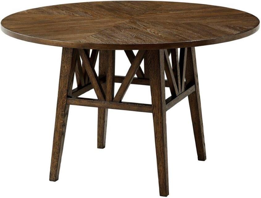 Nova Round Dining Table: Nova Round Dining Table Striking and bold, NOVA's oak parquetry round dining table displays an over flat truss and reinforcing oak stretcher that captures the eye in our Dusk finish. Seen with a radia