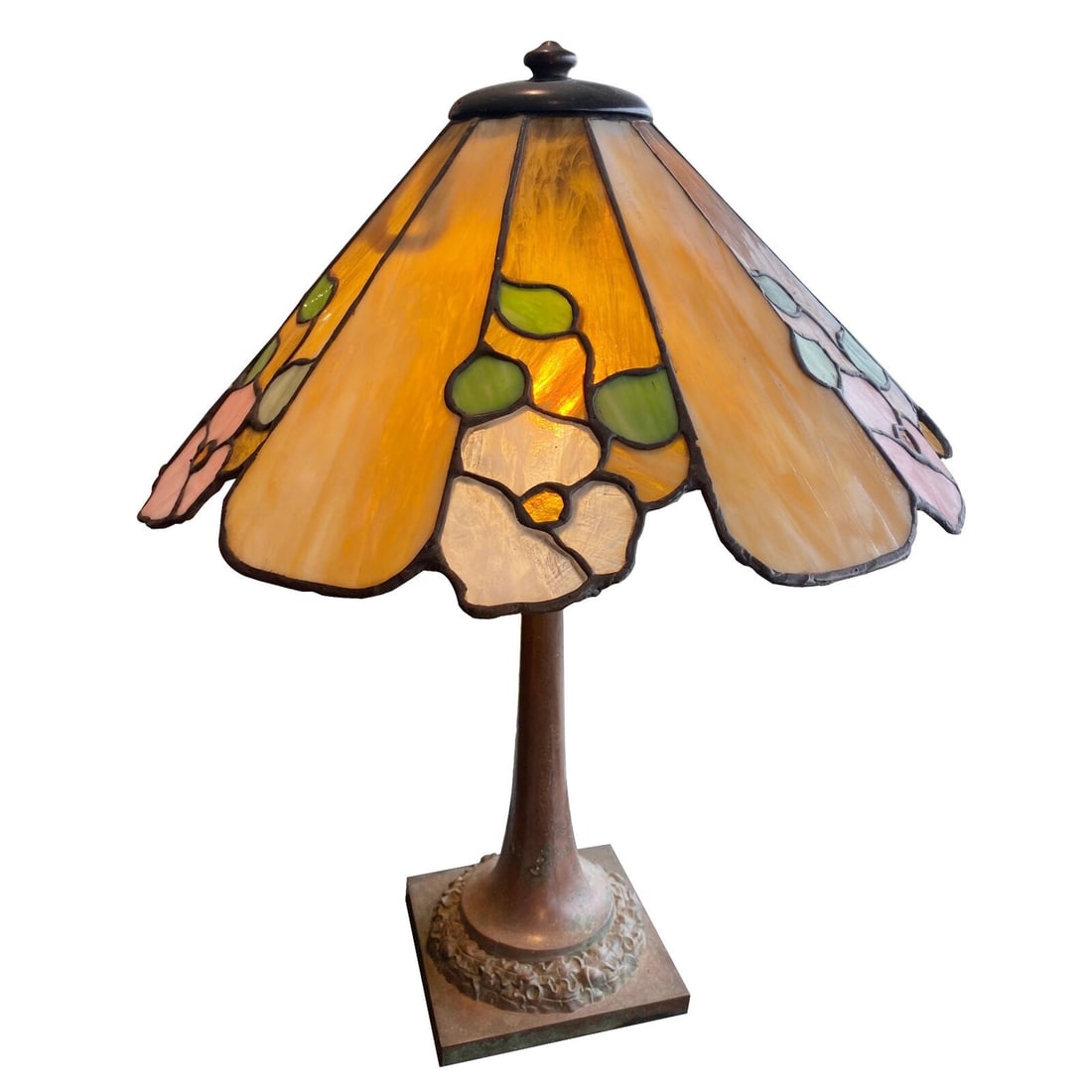 Antique Duffner & Kimberly Flower Border Table Lamp: Antique Duffner & Kimberly Flower Border Table Lamp This original antique Duffner & Kimberly Flower Border Table Lamp showcases exquisite Art Nouveau design with beautiful stained glass craftsmanship.