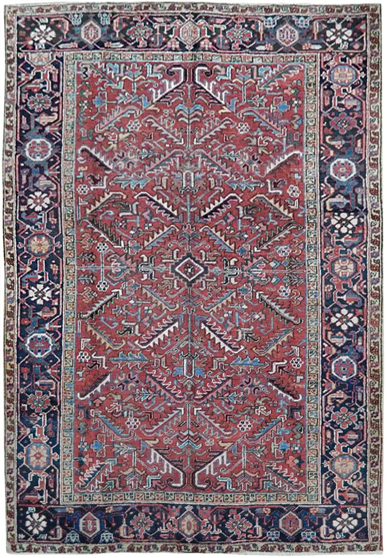 7 Feet x 9 Feet Semi Antique Persian Heriz Rug Handmade Wool: 7 Feet x 9 Feet Semi Antique Persian Heriz Rug Handmade Wool This stunning 7 feet x 9 feet semi antique Persian Heriz rug features a beautiful combination of dull red, sky blue, and dark indigo colors