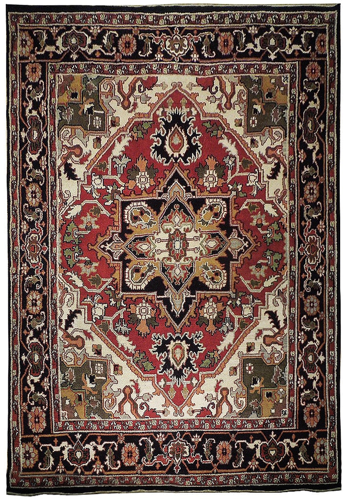 Traditional Heriz Rug 9ft x 12ft Handmade Wool Burgundy Ivory Green Black: Traditional Heriz Rug 9ft x 12ft Handmade Wool Burgundy Ivory Green Black Discover the exquisite craftsmanship of this Traditional Heriz Rug, featuring a stunning color palette of burgundy, ivory, gre