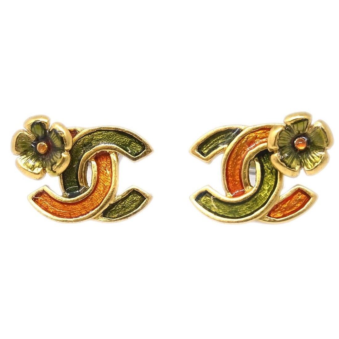 Chanel CC Camellia Piercing Earrings Gold 03P: Chanel CC Camellia Piercing Earrings Gold 03P Type: Earrings Closure: Screw Back (pierced) Color: Gold Orange Green Style: Piercing Outside Condition: AB: Very Good/Inside Condition: C: Heavily Used T