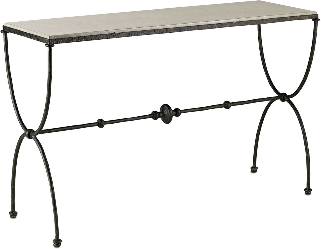 Agora Console Table In Bronze: Agora Console Table In Bronze The Curvaceous Sides And The Ornamented Stretcher Of The Agora Console Table Are Made Of Iron In A Rustic Bronze Finish. The Concrete Top Is A Pale Contrast To The Textur