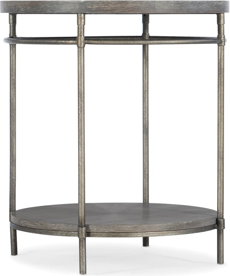 Round End Table: Round End Table Round shape One shelf Metal frame Starburst veneer pattern on top and shelf Item Dimensions: Height: 25.25 Width: 22.00 Depth: 22.0 PLEASE NOTE: LOCAL PICK UP IS NOT AN OPTION AND ALL