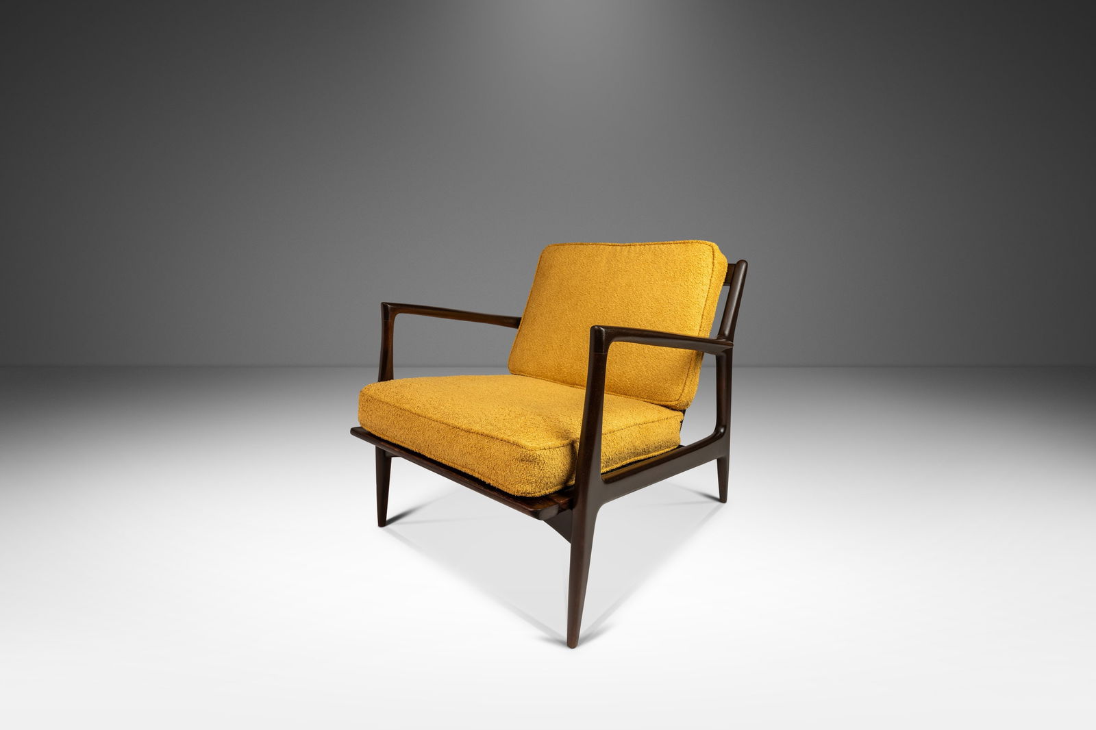 Danish Mid-Century Modern Blade Arm Lounge Chair by Ib Kofod Larsen: Danish Mid-Century Modern Blade Arm Lounge Chair by Ib Kofod Larsen Introducing a true Danish Modern masterpiece: an ultra-rare Blade Arm lounge chair designed by Ib Kofod Larsen for Selig. This iconi