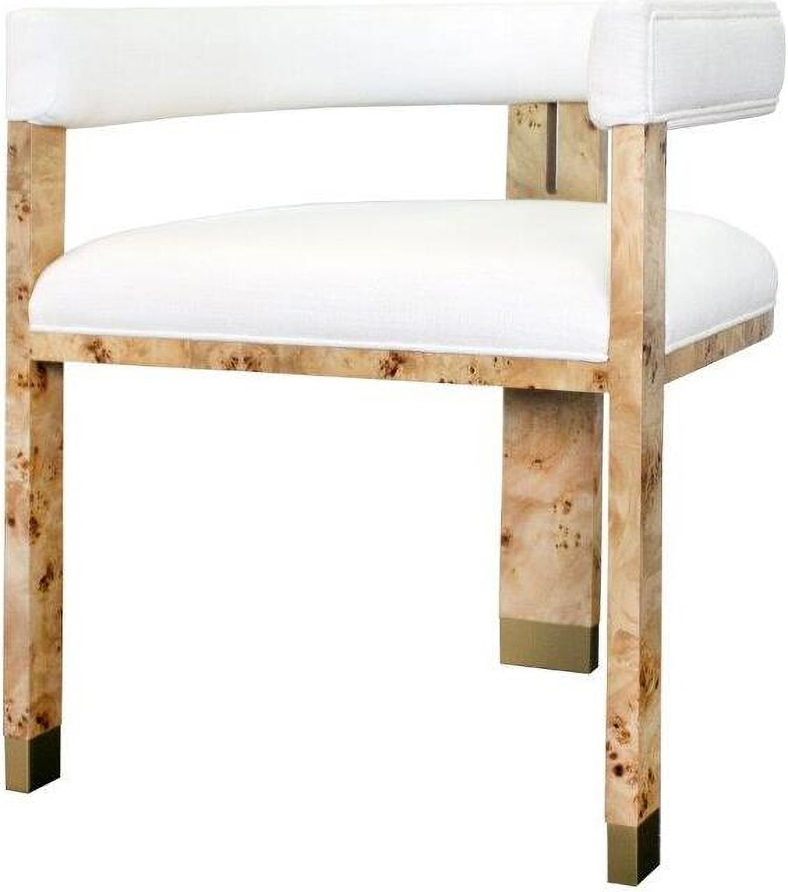 Jude Burl Wood And White Linen Modern Accent Chair: Jude Burl Wood And White Linen Modern Accent Chair Perfectly Tailored In Crisp White Linen Upholstery, The Jude Accent Chair Makes A Timeless Statement From Every Angle. A Unique, Tri-Leg Frame In A R