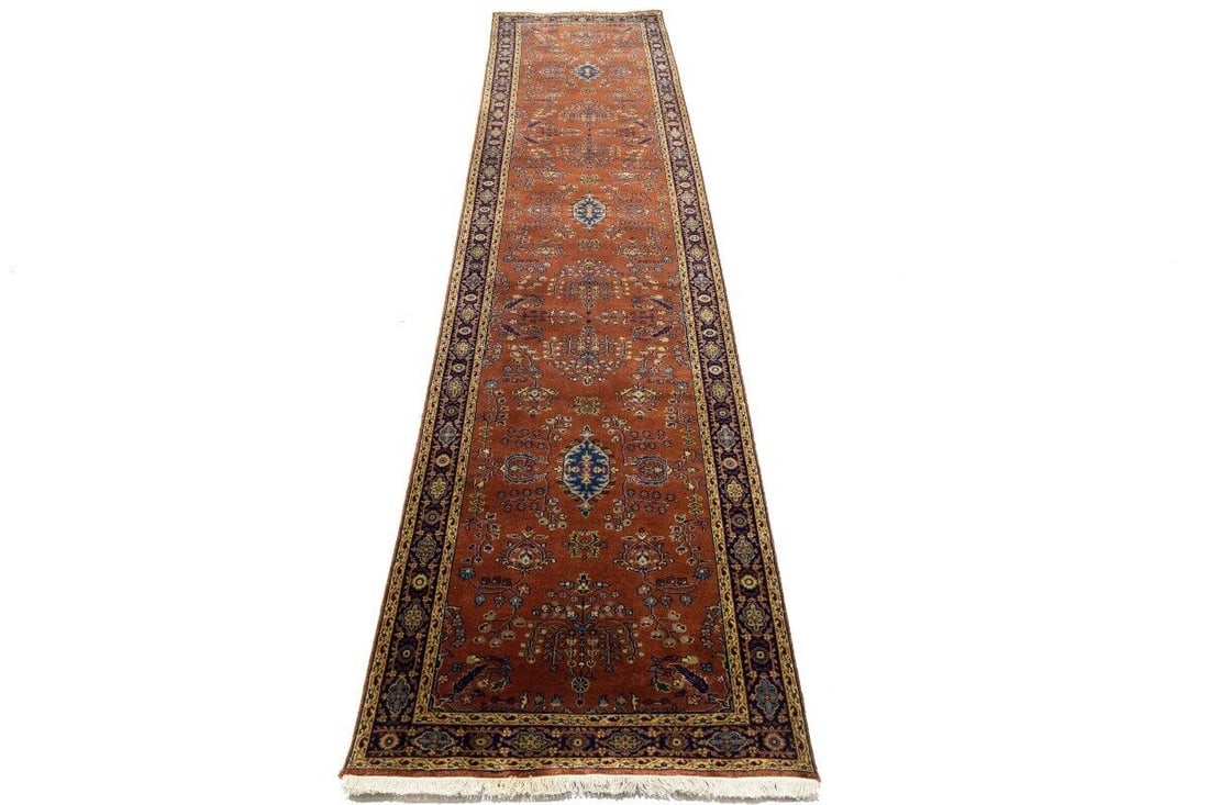 Handmade Rust Orange Floral 3X12 Wool Runner Rug: Handmade Rust Orange Floral 3X12 Wool Runner Rug This handmade runner rug features a beautiful rust orange floral design with accents of navy, buff, gray, caramel, and light blue. Measuring 12 feet by